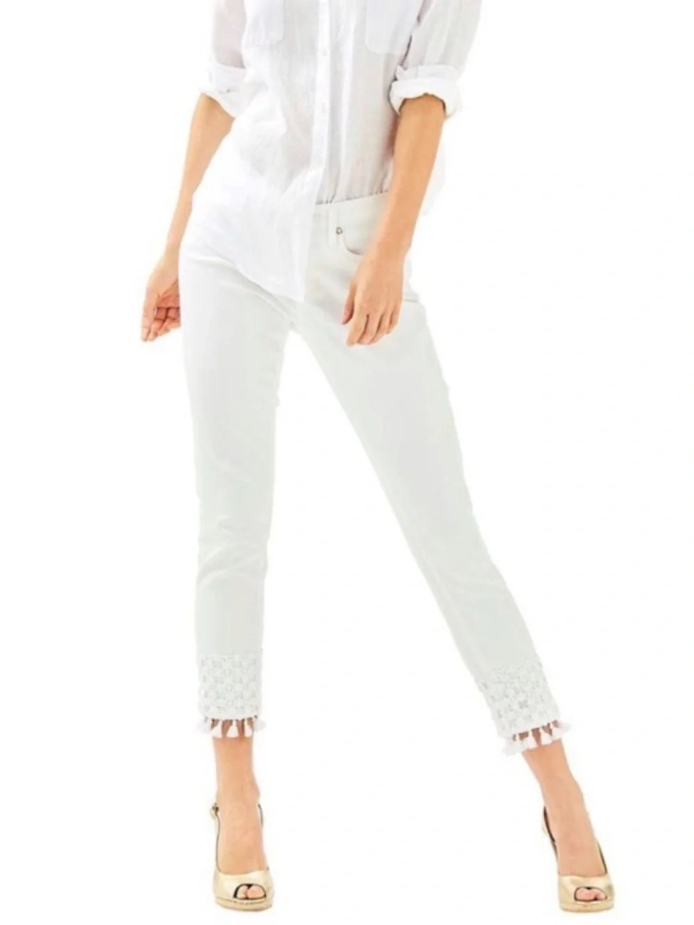 Lilly Pulitzer White Cropped Jeans with Lace Fringe Hem Size 14 - Picture 17 of 17